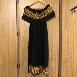 Mexican Traditional Black and Gold Embroidered Off Shoulders Midi Dress
